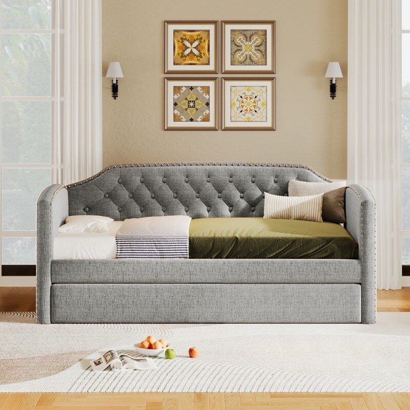 Twin Size Upholstered Daybed with Trundle for Guest Room, Small Bedroom, Study Room