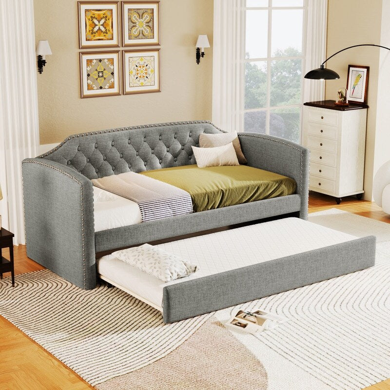 Twin Size Upholstered Daybed with Trundle for Guest Room, Small Bedroom, Study Room