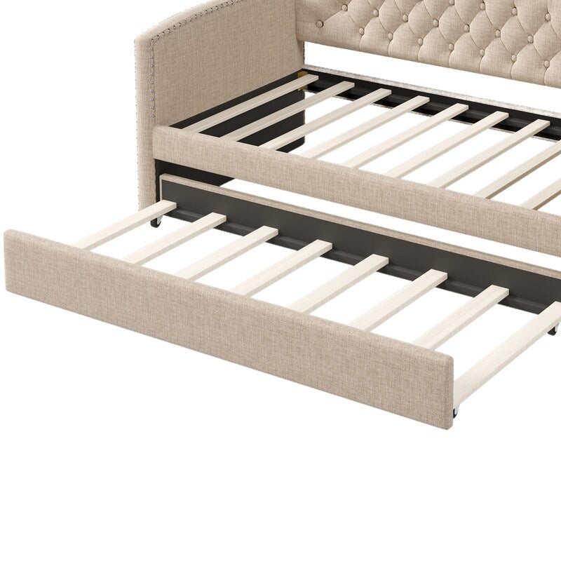 Twin Size Upholstered Daybed with Trundle for Guest Room, Small Bedroom, Study Room