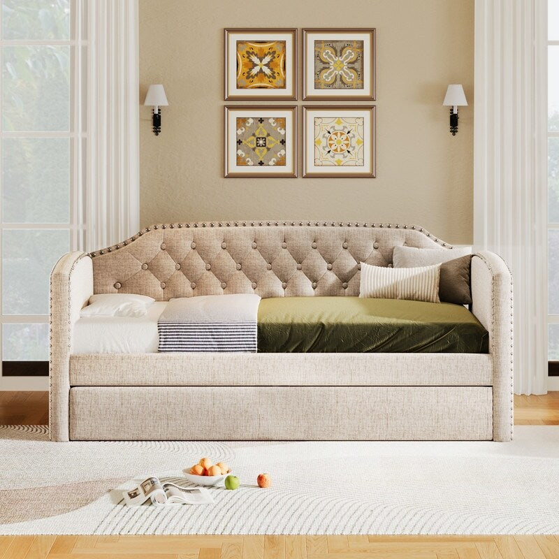 Twin Size Upholstered Daybed with Trundle for Guest Room, Small Bedroom, Study Room