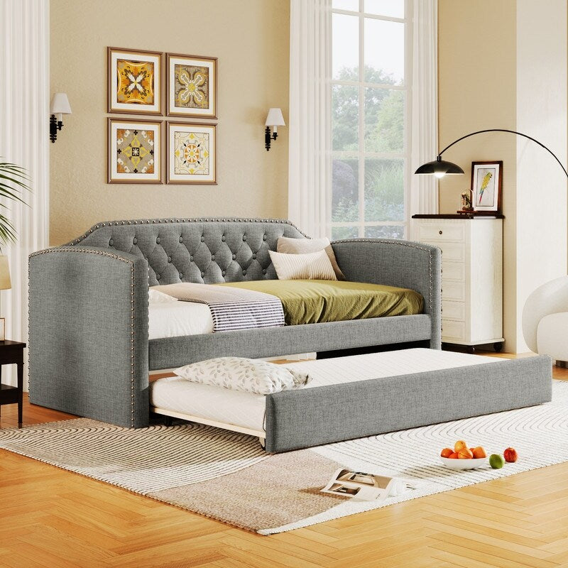Twin Size Upholstered Daybed with Trundle for Guest Room, Small Bedroom, Study Room