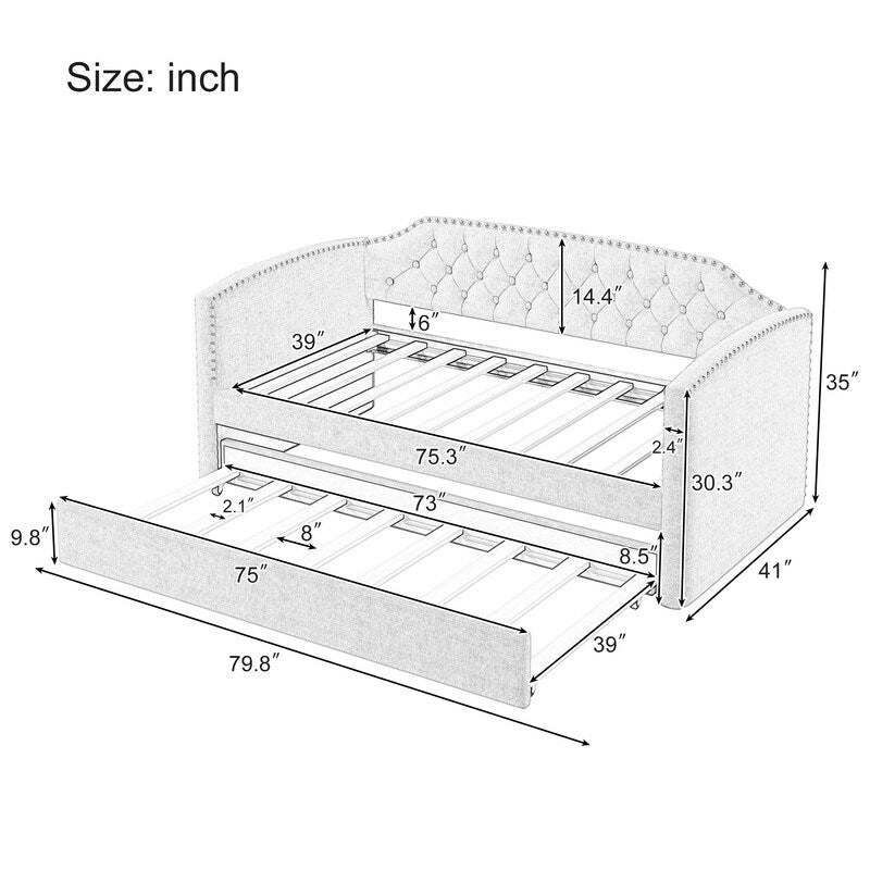 Twin Size Upholstered Daybed with Trundle for Guest Room, Small Bedroom, Study Room