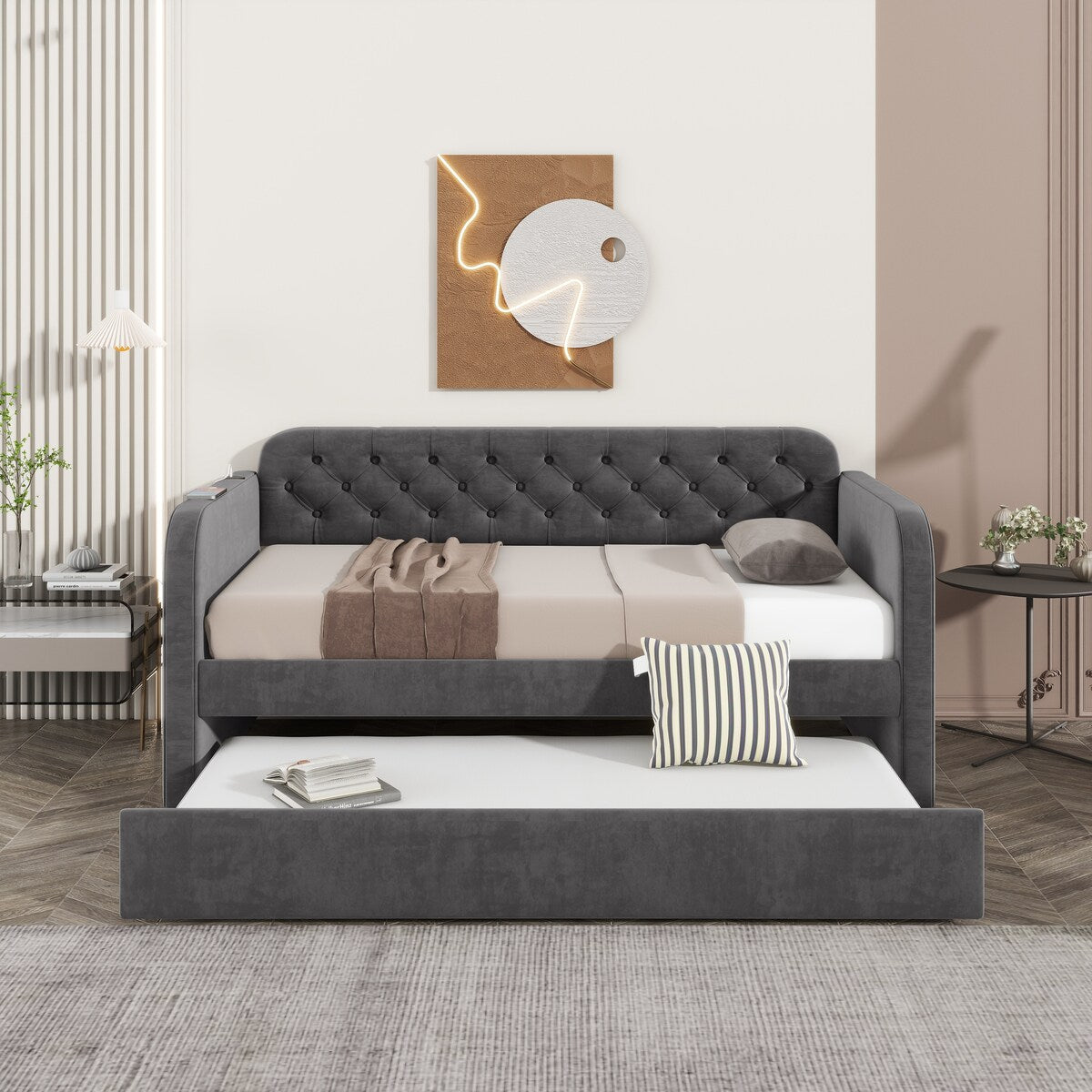 Twin Size Upholstered Daybed with Trundle
