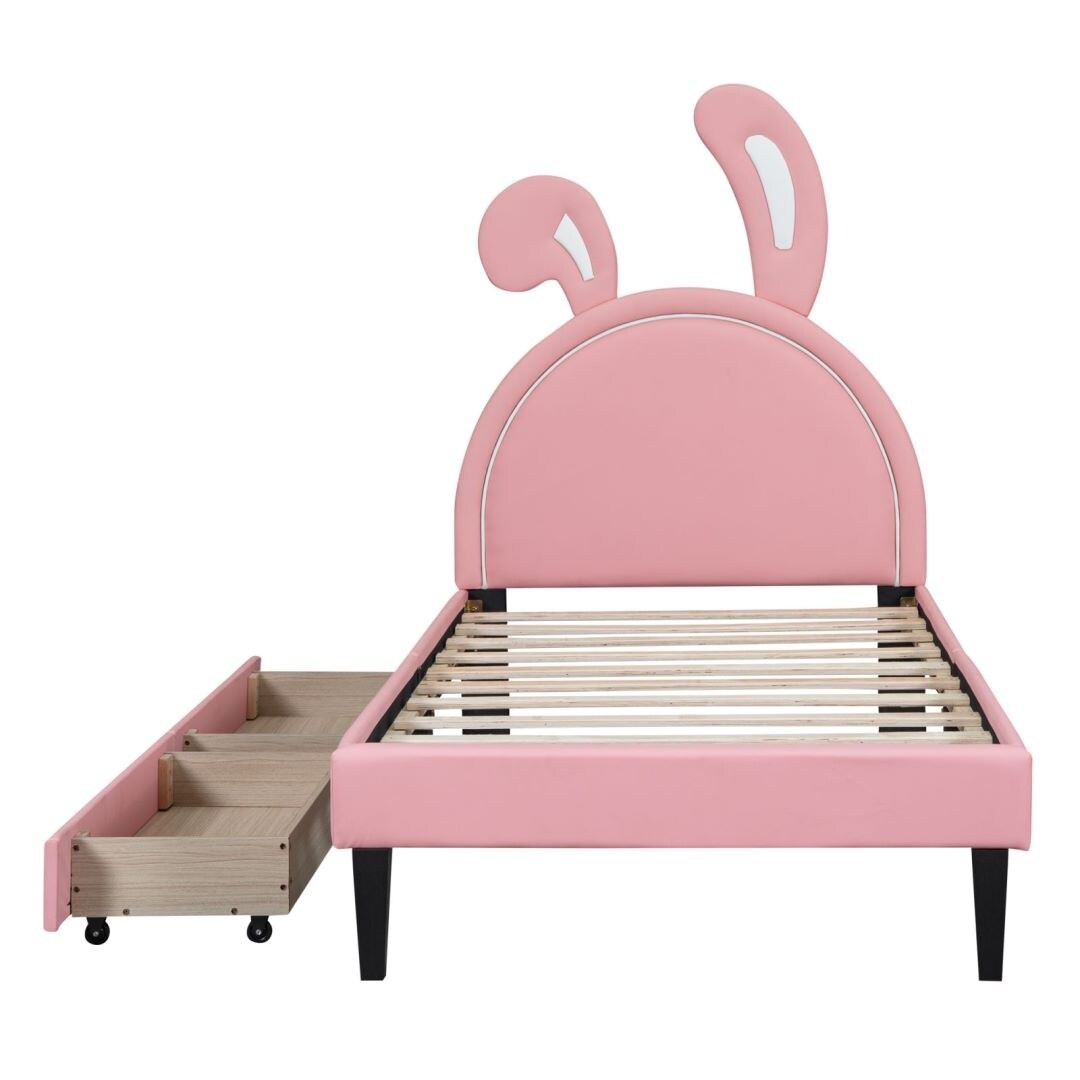 Twin Size Upholstered Leather Platform Bed with 2 Drawers