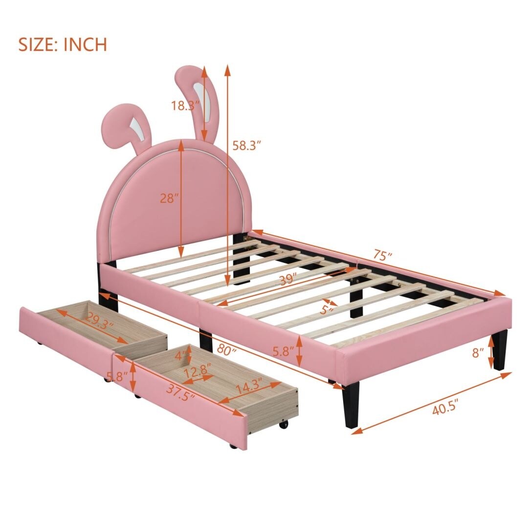 Twin Size Upholstered Leather Platform Bed with 2 Drawers