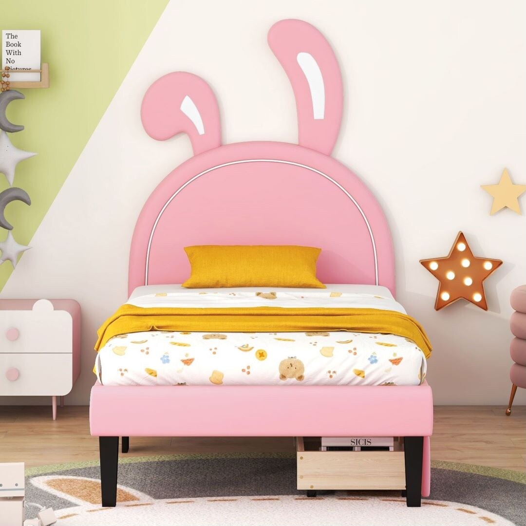 Twin Size Upholstered Leather Platform Bed with 2 Drawers
