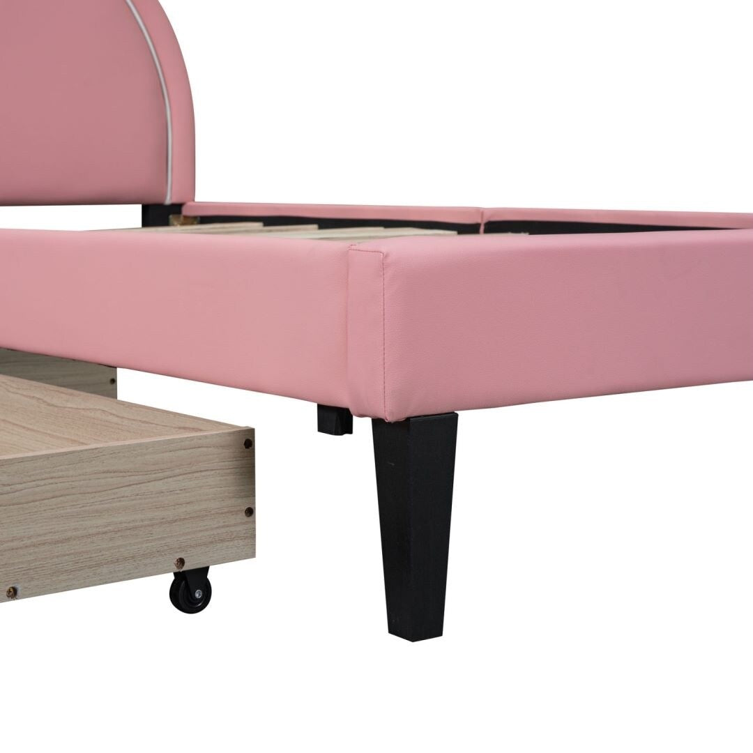 Twin Size Upholstered Leather Platform Bed with 2 Drawers