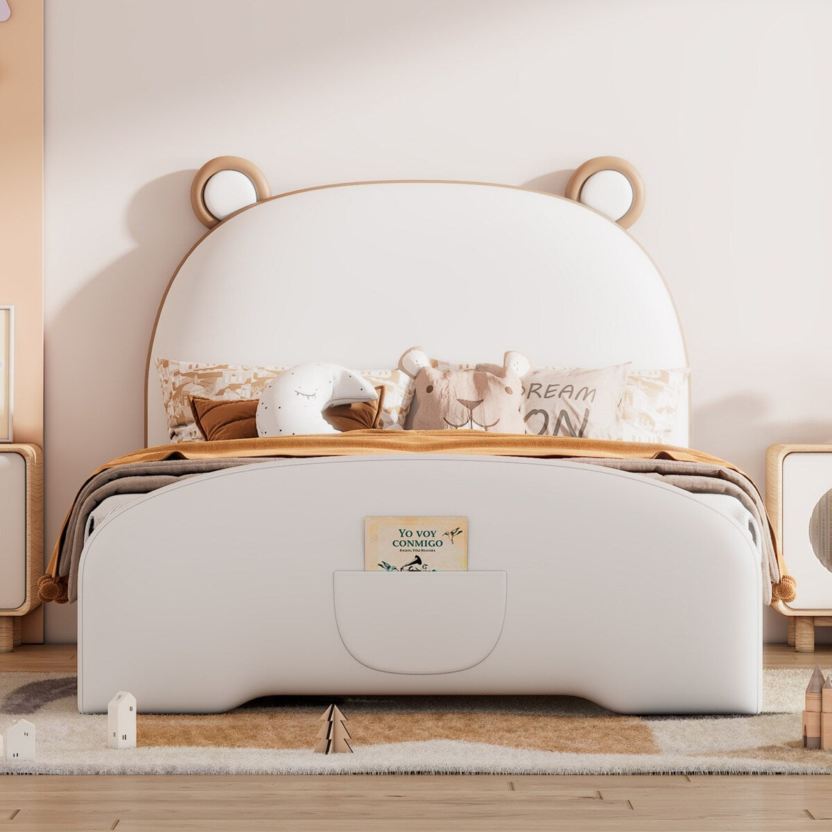 Twin Size Upholstered Platform Bed with Bear-shaped Headboard and Footboard, White+Brown
