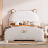 Twin Size Upholstered Platform Bed with Bear-shaped Headboard and Footboard, White+Brown