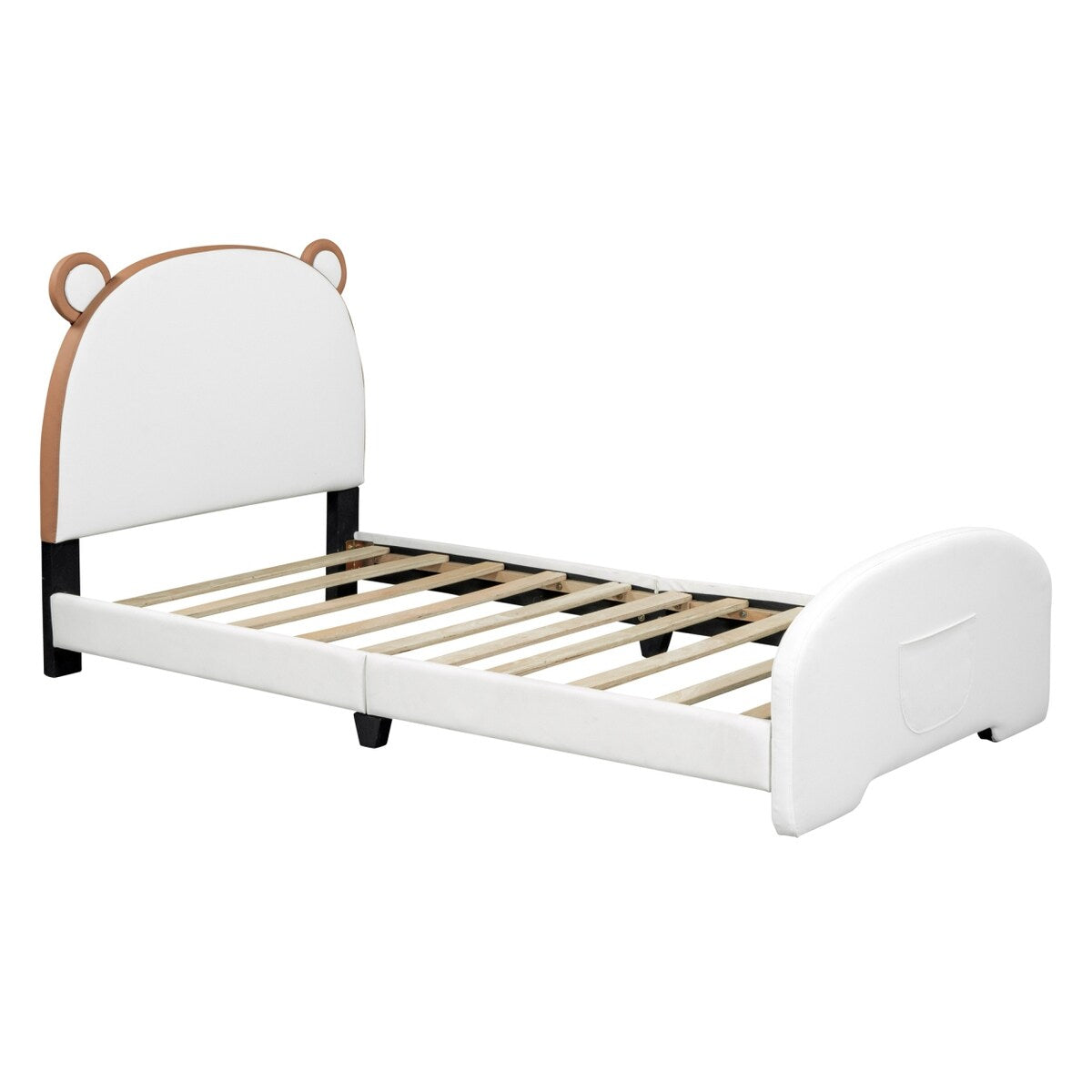 Twin Size Upholstered Platform Bed with Bear-shaped Headboard and Footboard, White+Brown