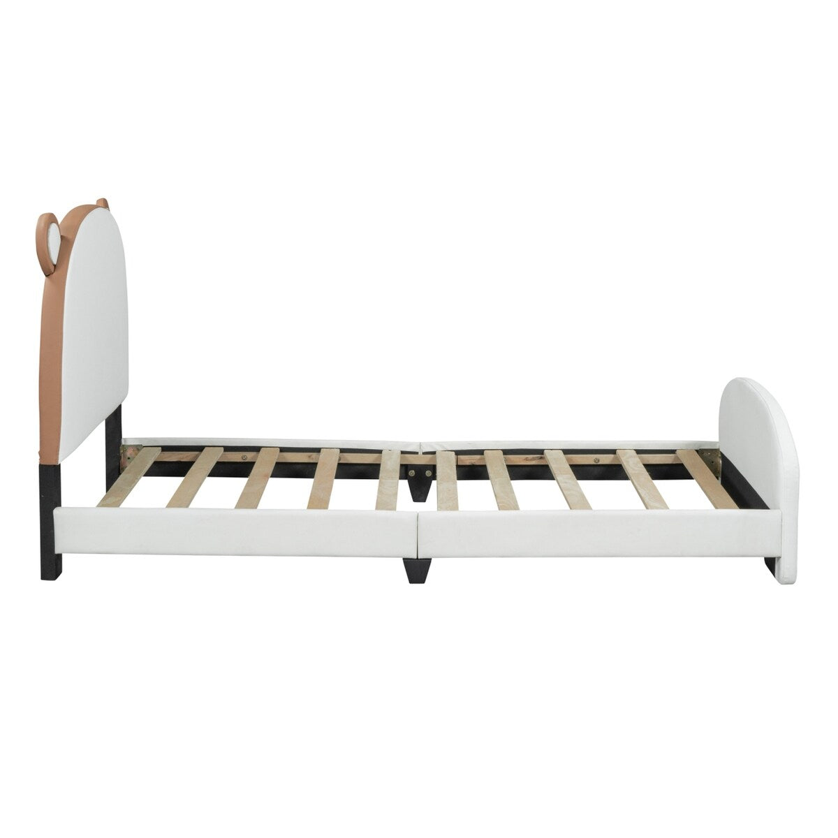 Twin Size Upholstered Platform Bed with Bear-shaped Headboard and Footboard, White+Brown