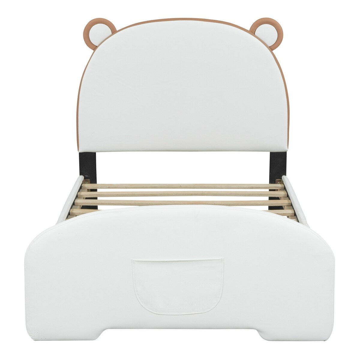 Twin Size Upholstered Platform Bed with Bear-shaped Headboard and Footboard, White+Brown