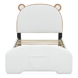 Twin Size Upholstered Platform Bed with Bear-shaped Headboard and Footboard, White+Brown