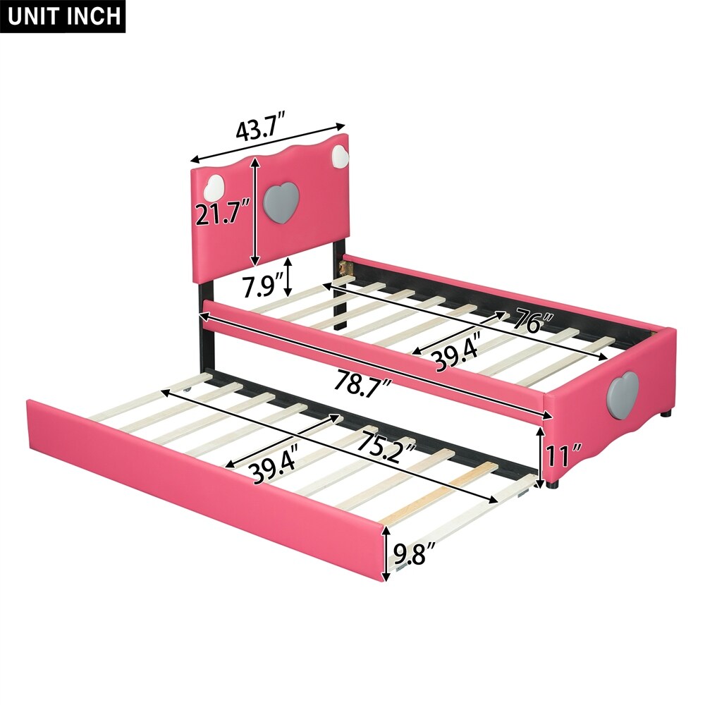 Twin Size Upholstered Platform Bed with Trundle and Heart Shaped