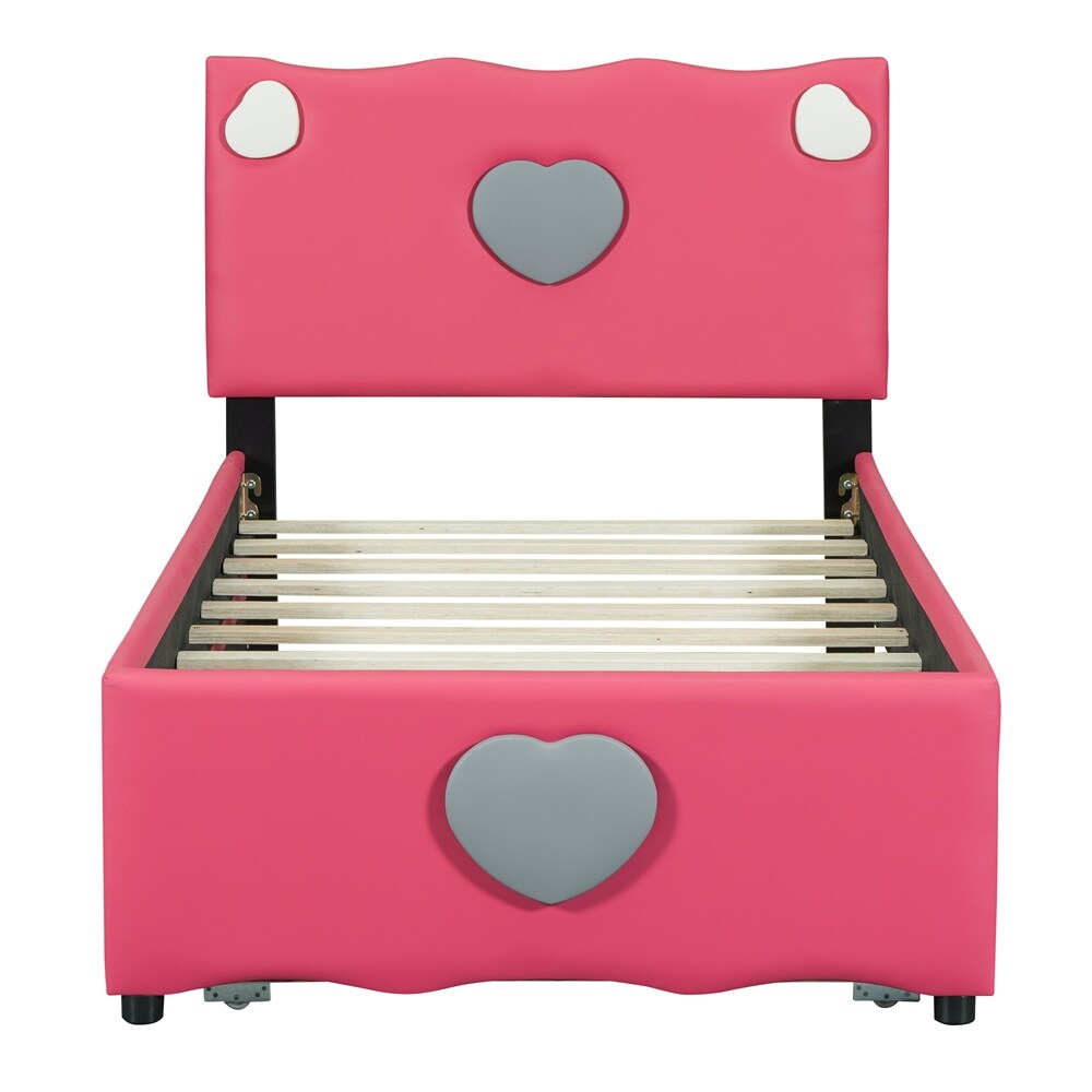 Twin Size Upholstered Platform Bed with Trundle and Heart Shaped