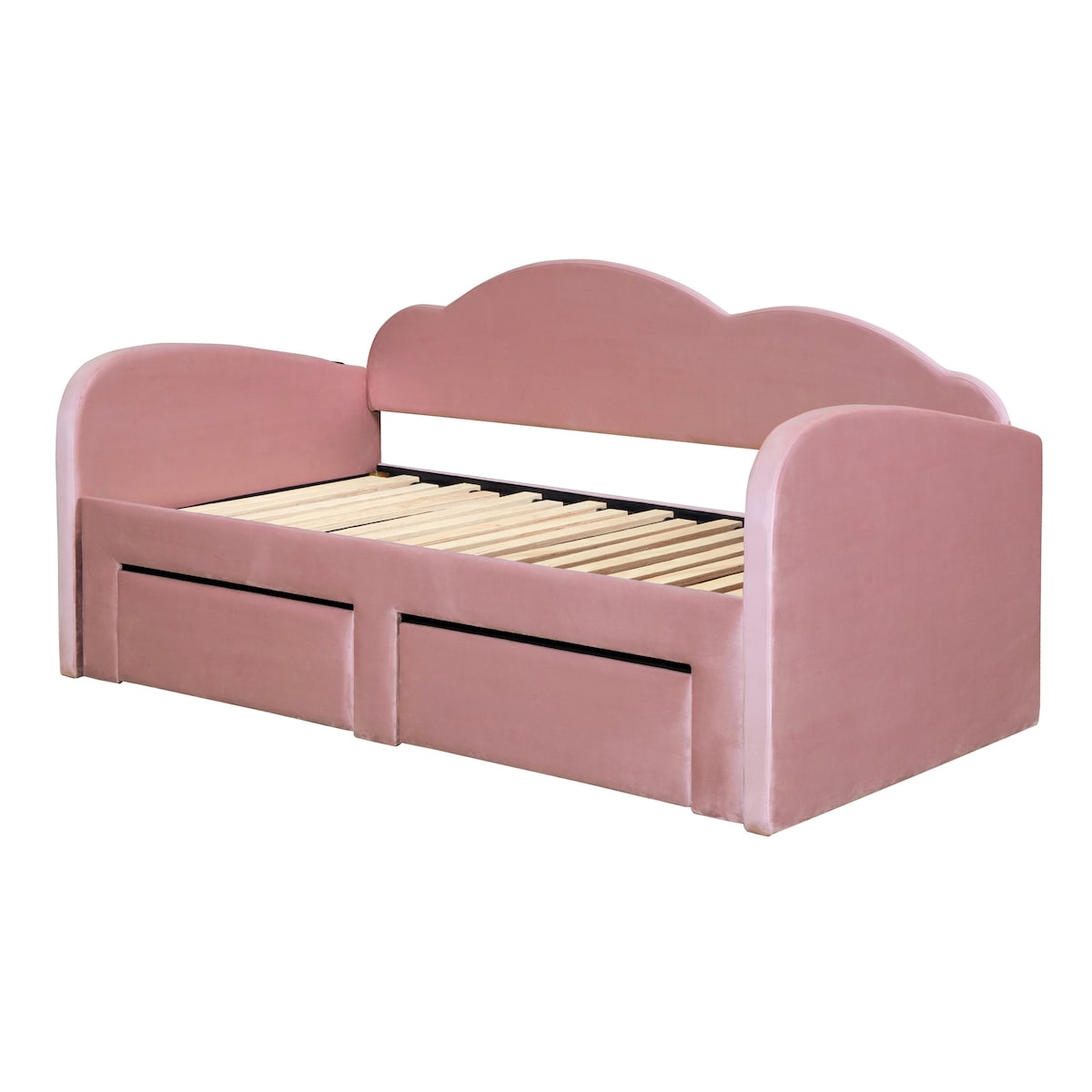 Twin Size Upholstered daybed with Cloud-Shaped Backrest, Trundle & 2 Drawers and USB Ports