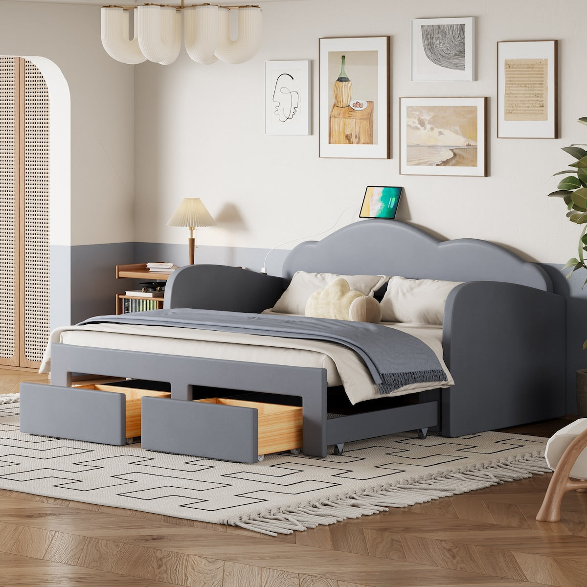 Twin Size Upholstered daybed with Cloud-Shaped Backrest, Trundle & 2 Drawers and USB Ports