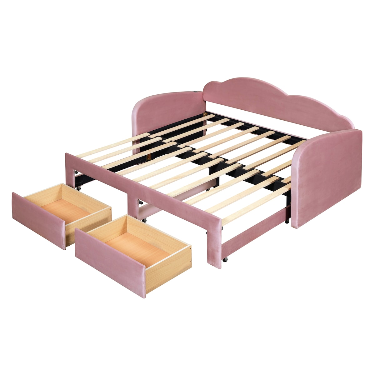 Twin Size Upholstered daybed with Cloud-Shaped Backrest, Trundle & 2 Drawers and USB Ports