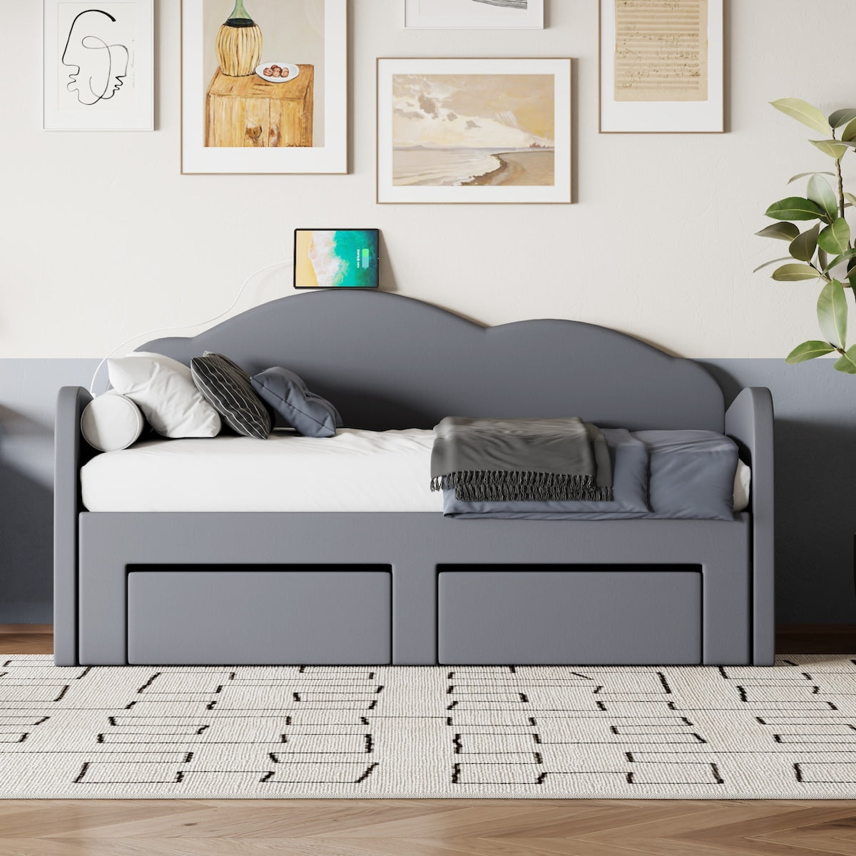 Twin Size Upholstered daybed with Cloud-Shaped Backrest, Trundle & 2 Drawers and USB Ports