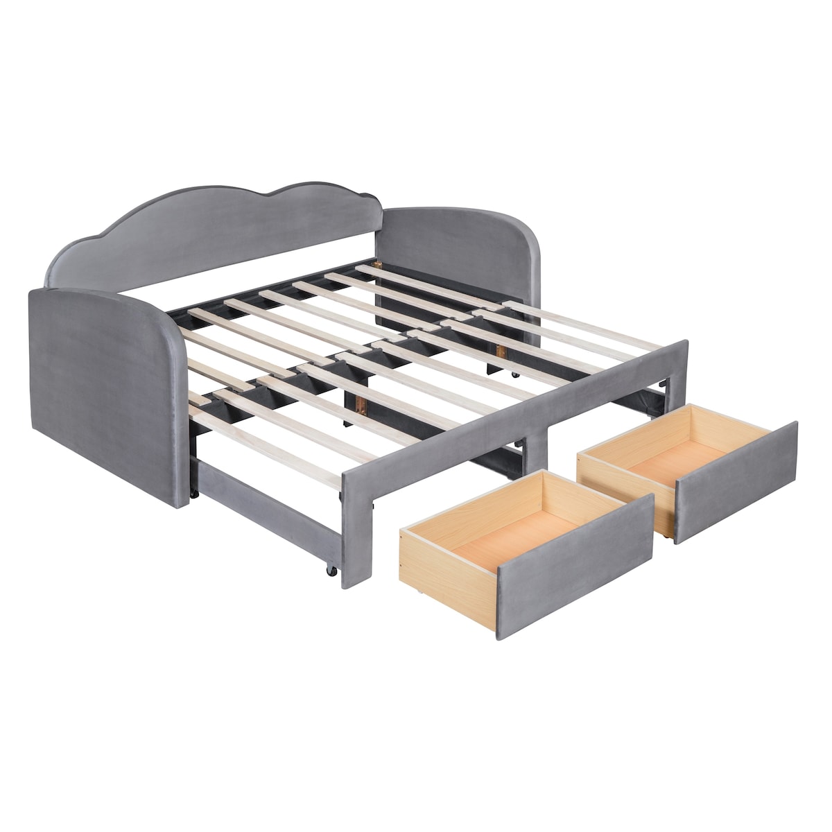 Twin Size Upholstered daybed with Cloud-Shaped Backrest, Trundle & 2 Drawers and USB Ports