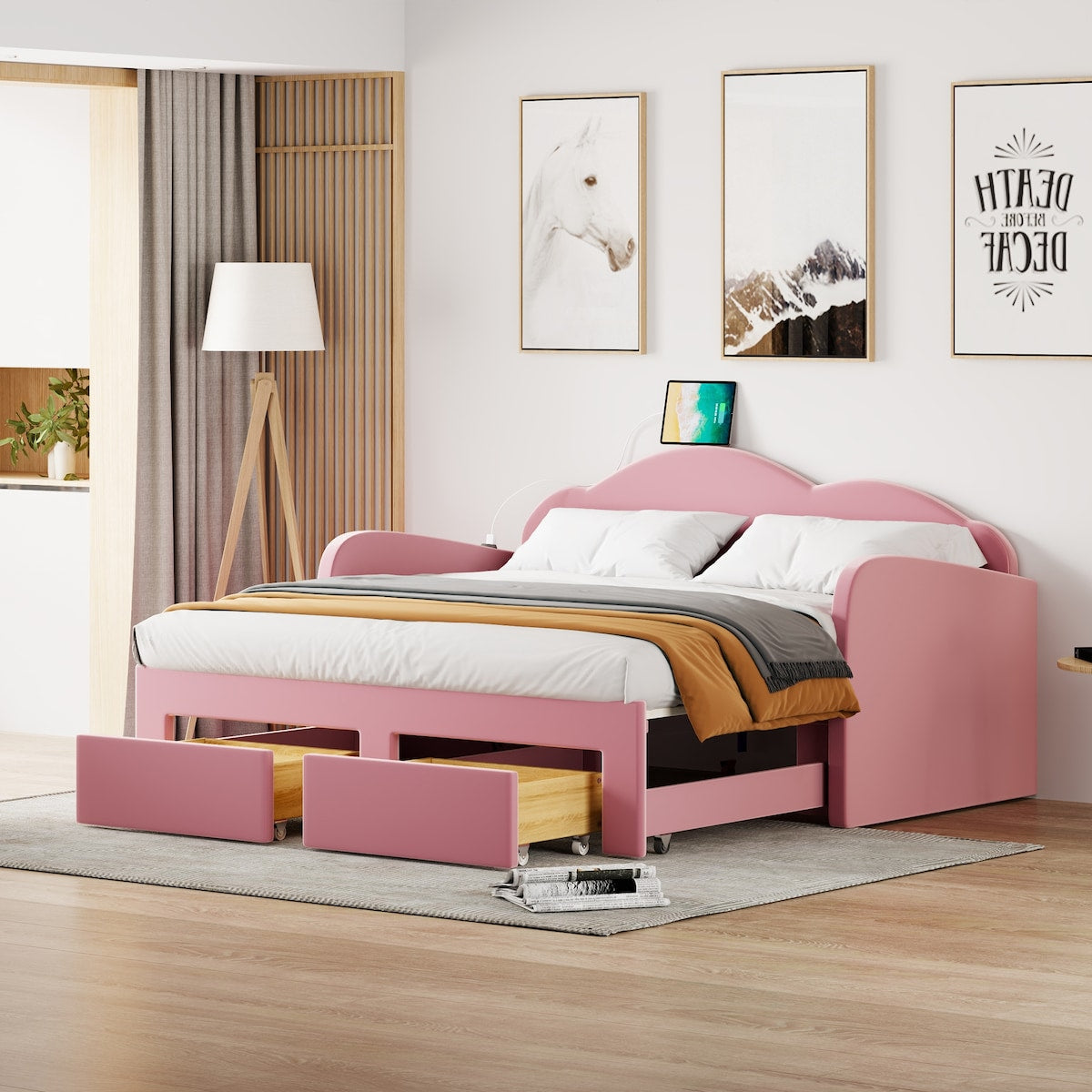 Twin Size Upholstered daybed with Cloud-Shaped Backrest, Trundle & 2 Drawers and USB Ports