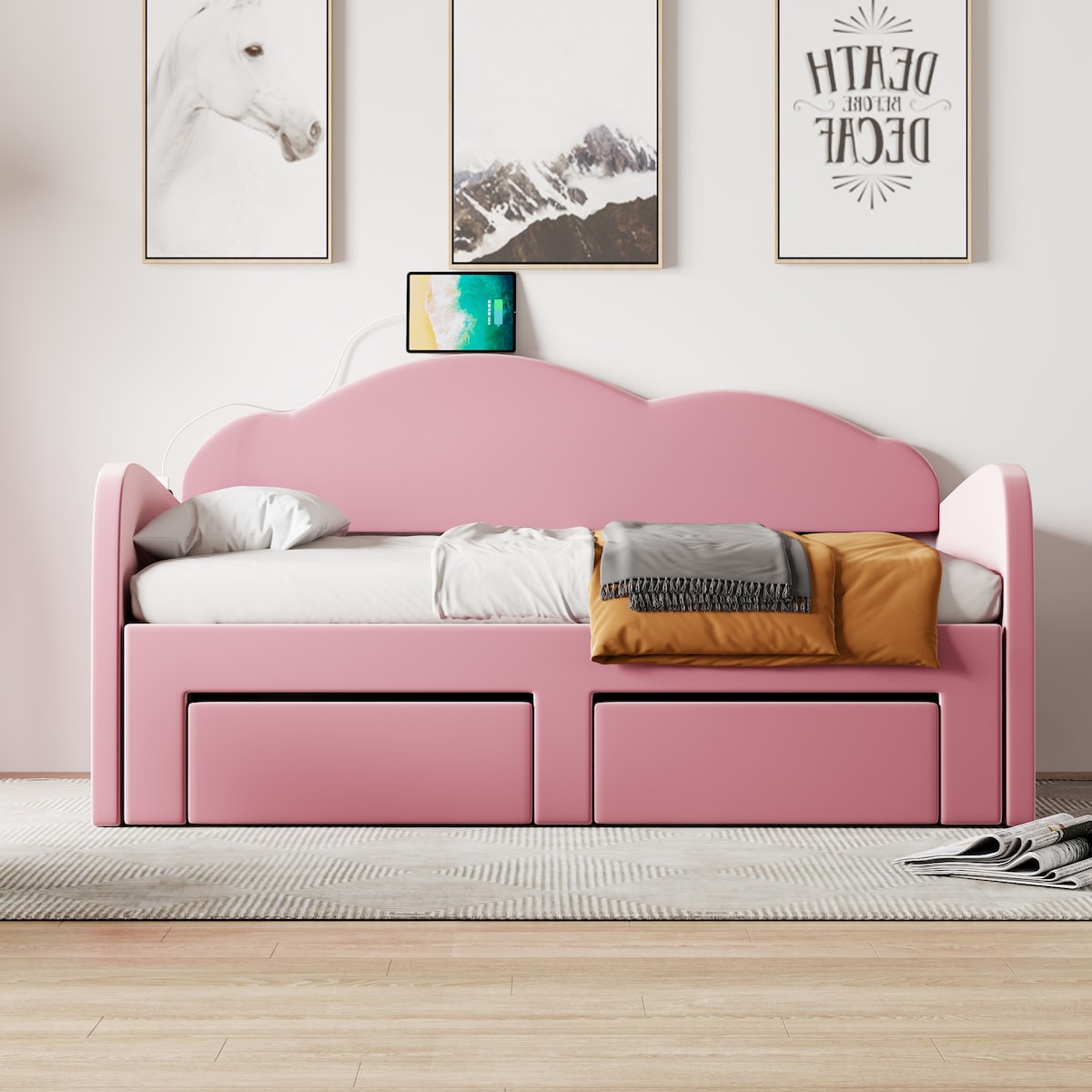 Twin Size Upholstered daybed with Cloud-Shaped Backrest, Trundle & 2 Drawers and USB Ports