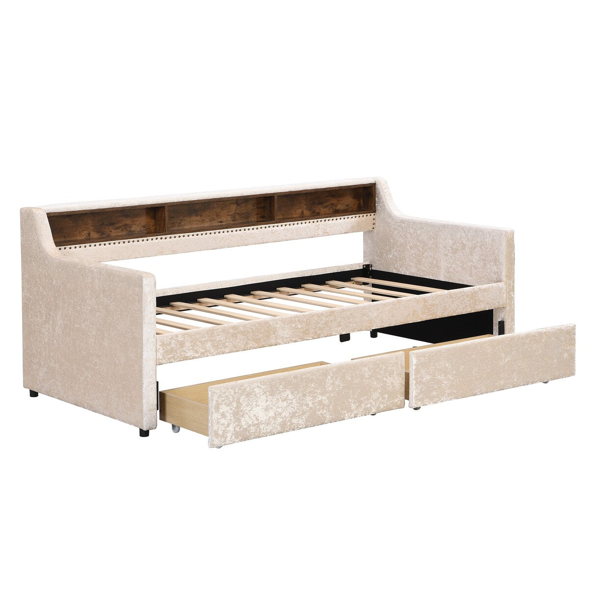 Twin Size Velvet Daybed with Drawers/Trundle and Shelves