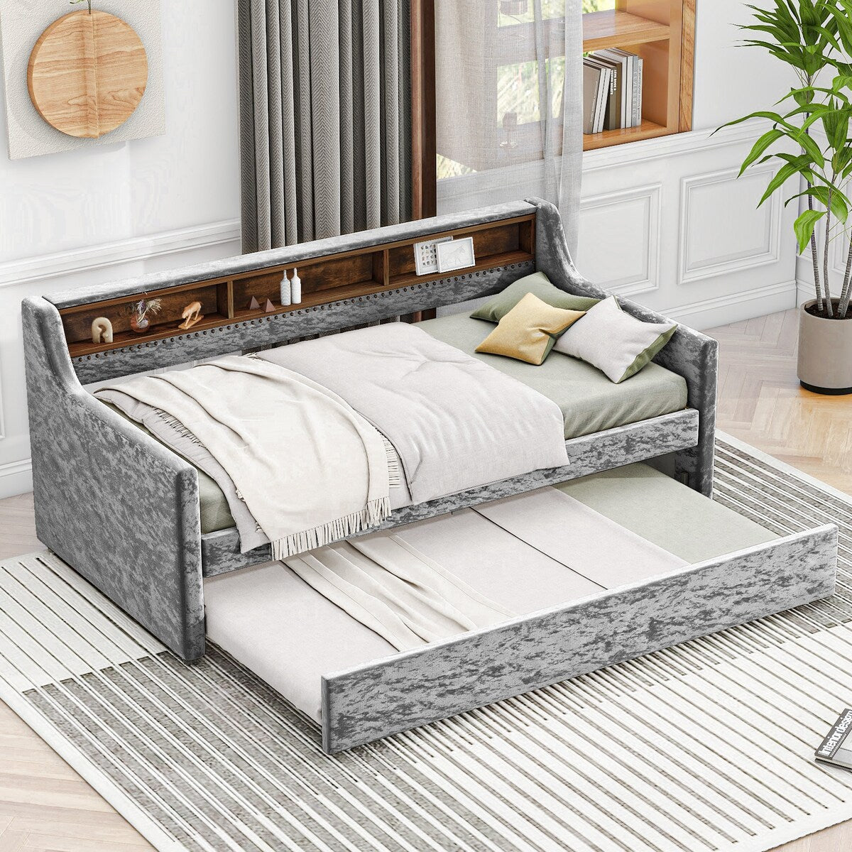 Twin Size Velvet Daybed with Drawers/Trundle and Shelves
