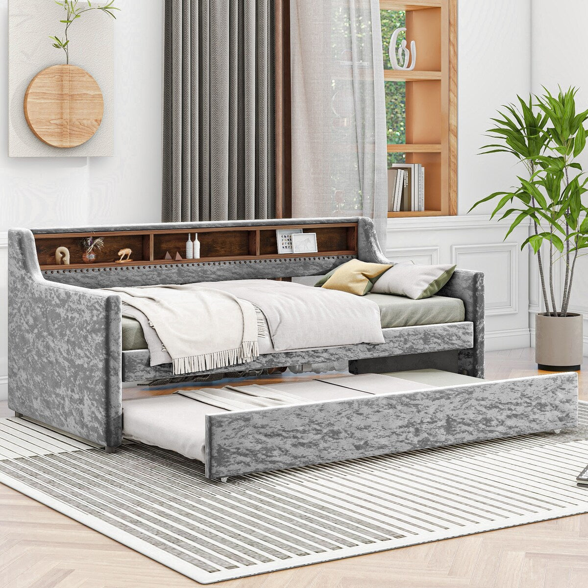 Twin Size Velvet Daybed with Drawers/Trundle and Shelves