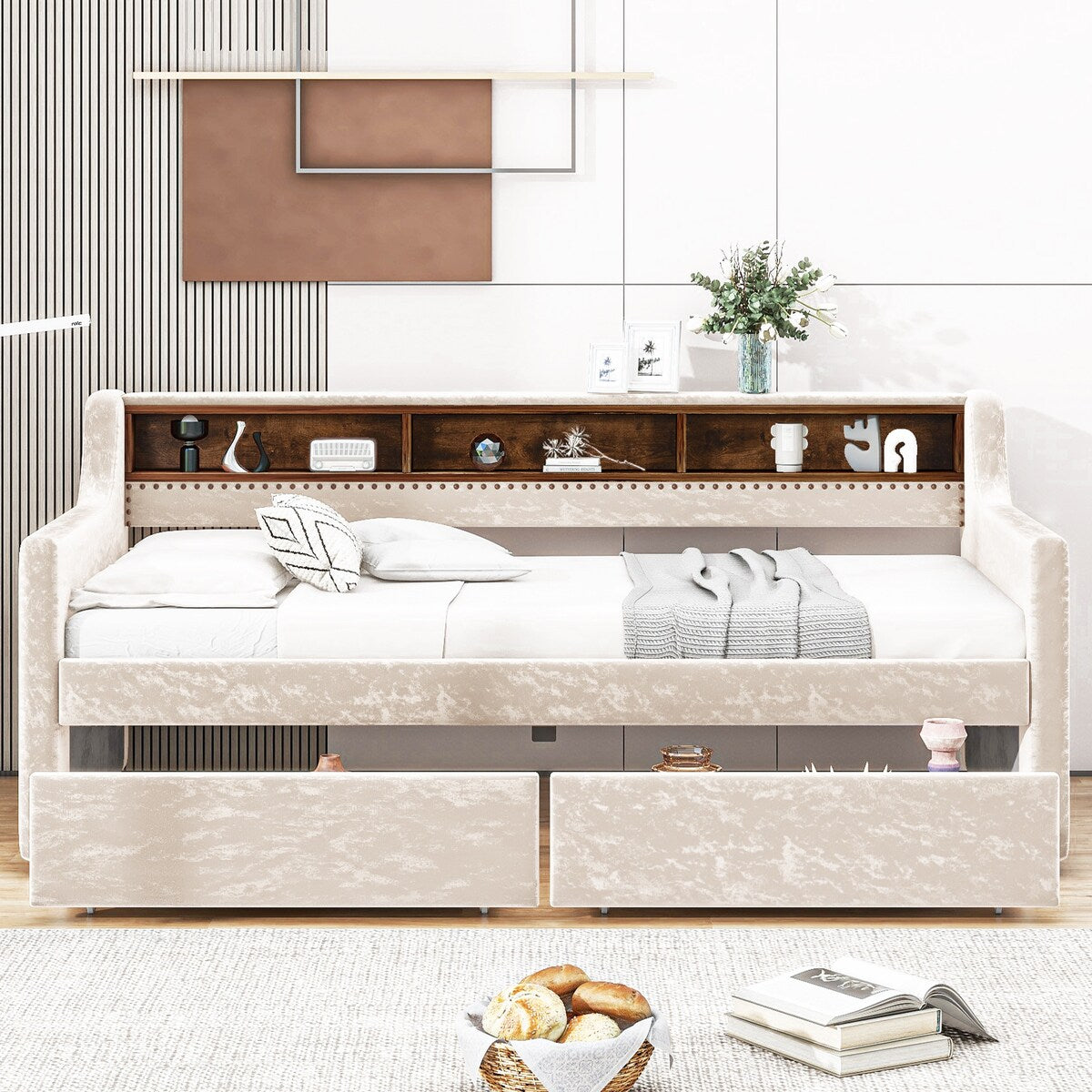 Twin Size Velvet Daybed with Drawers/Trundle and Shelves