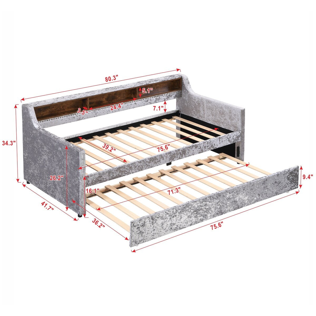 Twin Size Velvet Daybed with Drawers/Trundle and Shelves