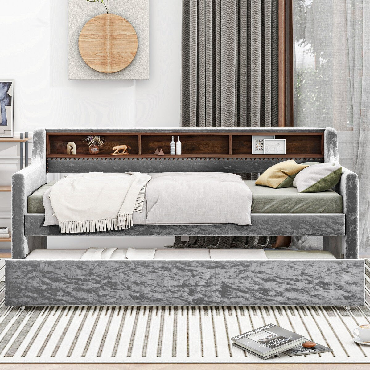Twin Size Velvet Daybed with Drawers/Trundle and Shelves