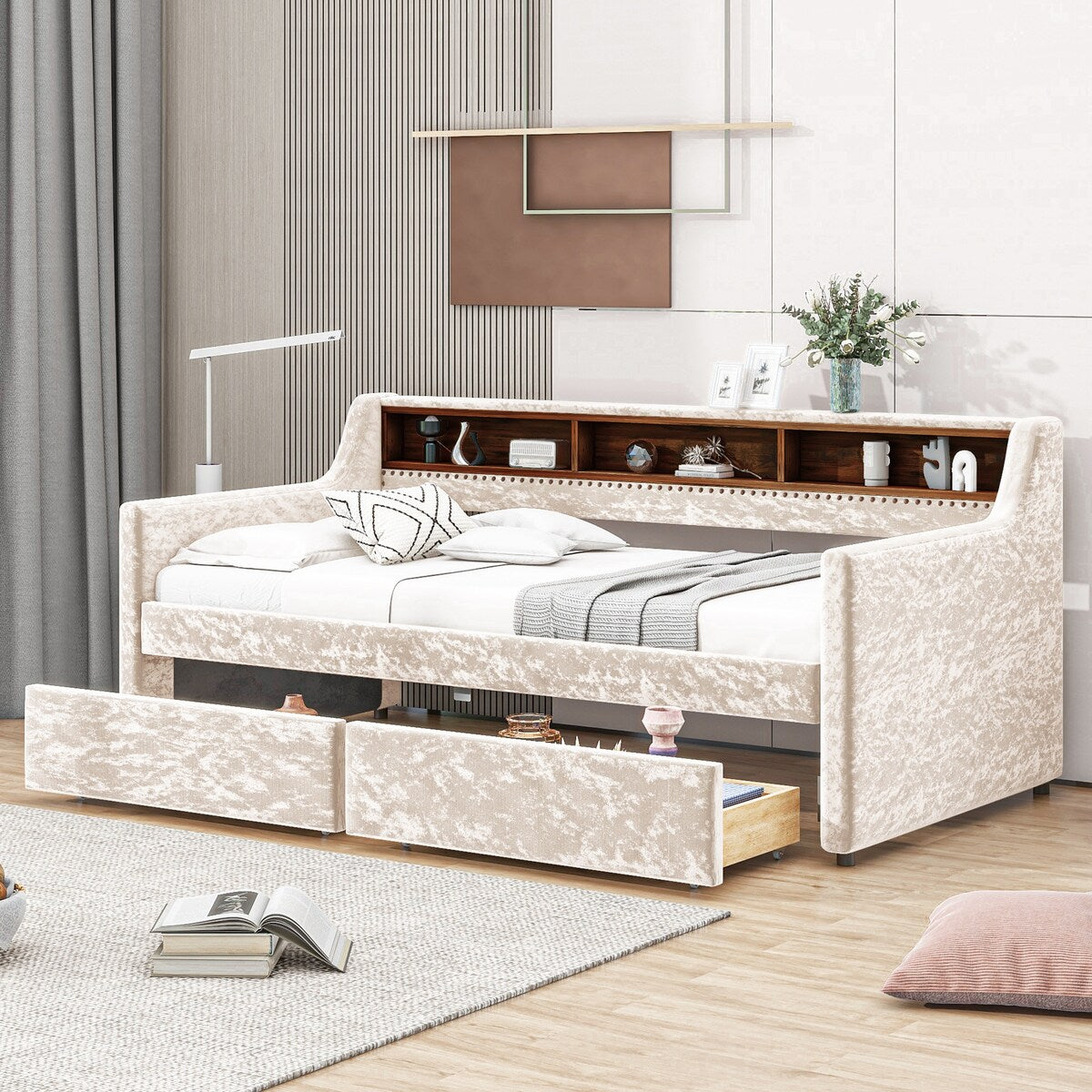 Twin Size Velvet Daybed with Drawers/Trundle and Shelves