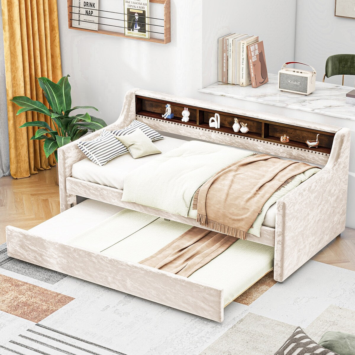 Twin Size Velvet Daybed with Drawers/Trundle and Shelves