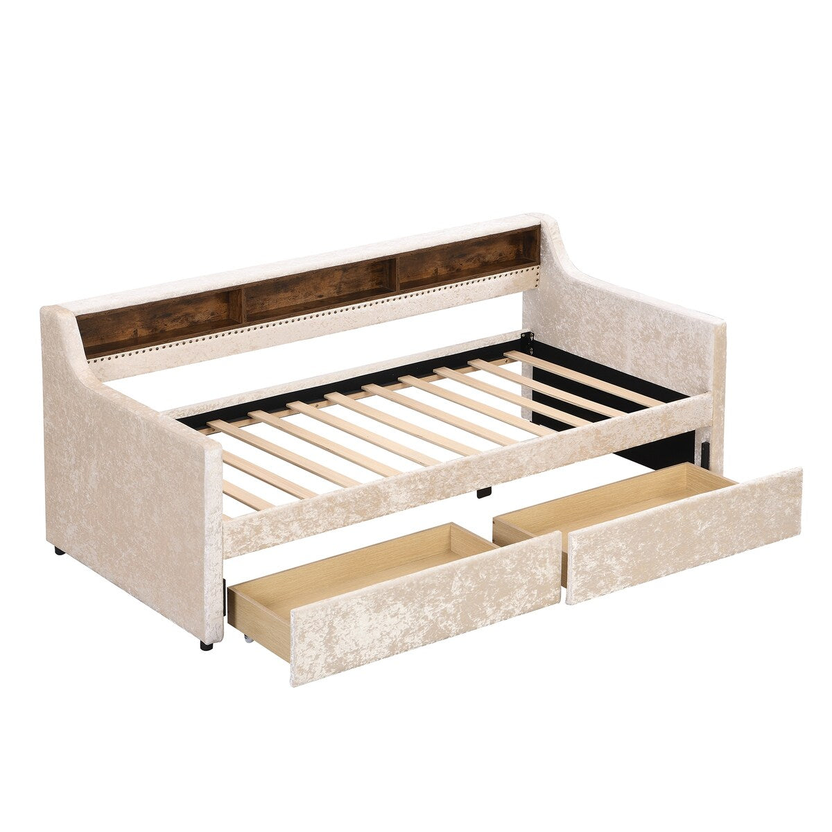 Twin Size Velvet Daybed with Drawers/Trundle and Shelves