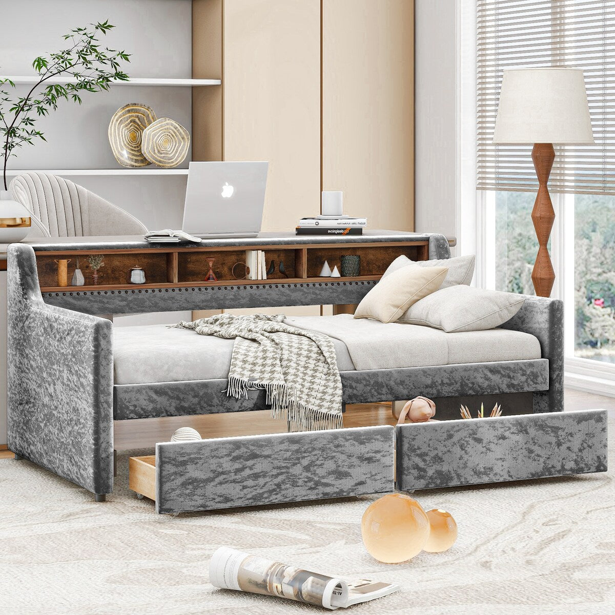 Twin Size Velvet Daybed with Drawers/Trundle and Shelves