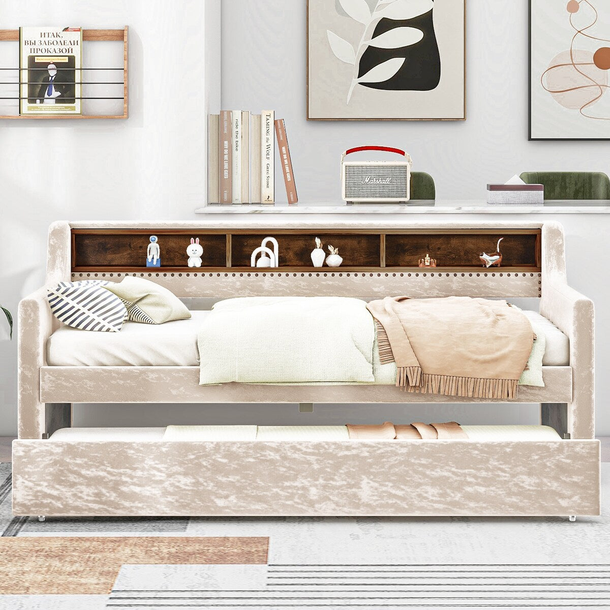 Twin Size Velvet Daybed with Drawers/Trundle and Shelves