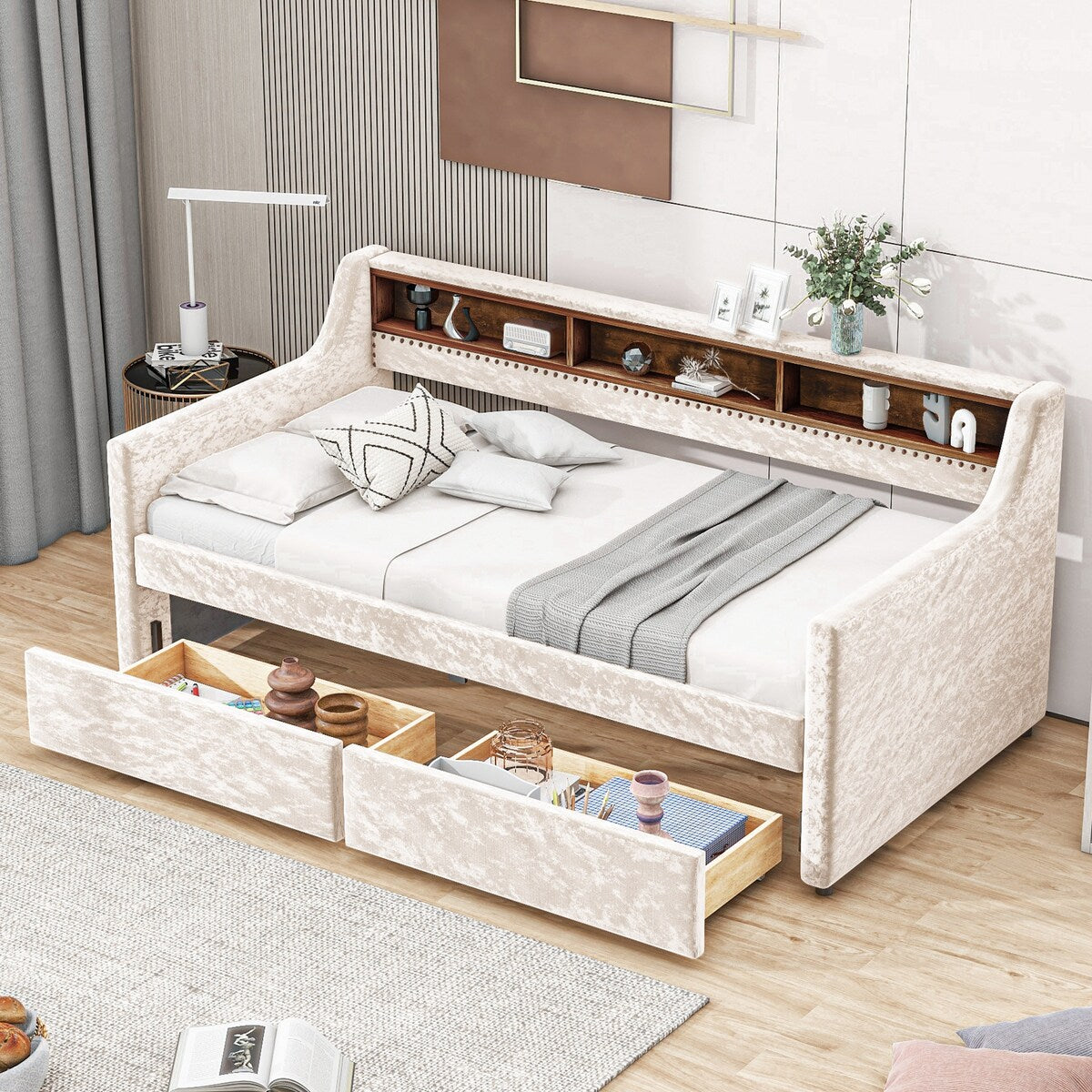 Twin Size Velvet Daybed with Drawers/Trundle and Shelves