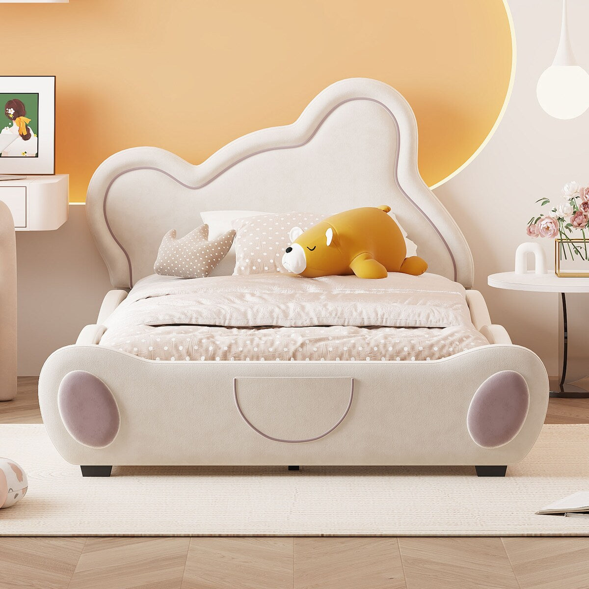 Twin Size Velvet Platform Bed with Bear-Shaped Headboard with Drawers with Bed-End Storage Pocket