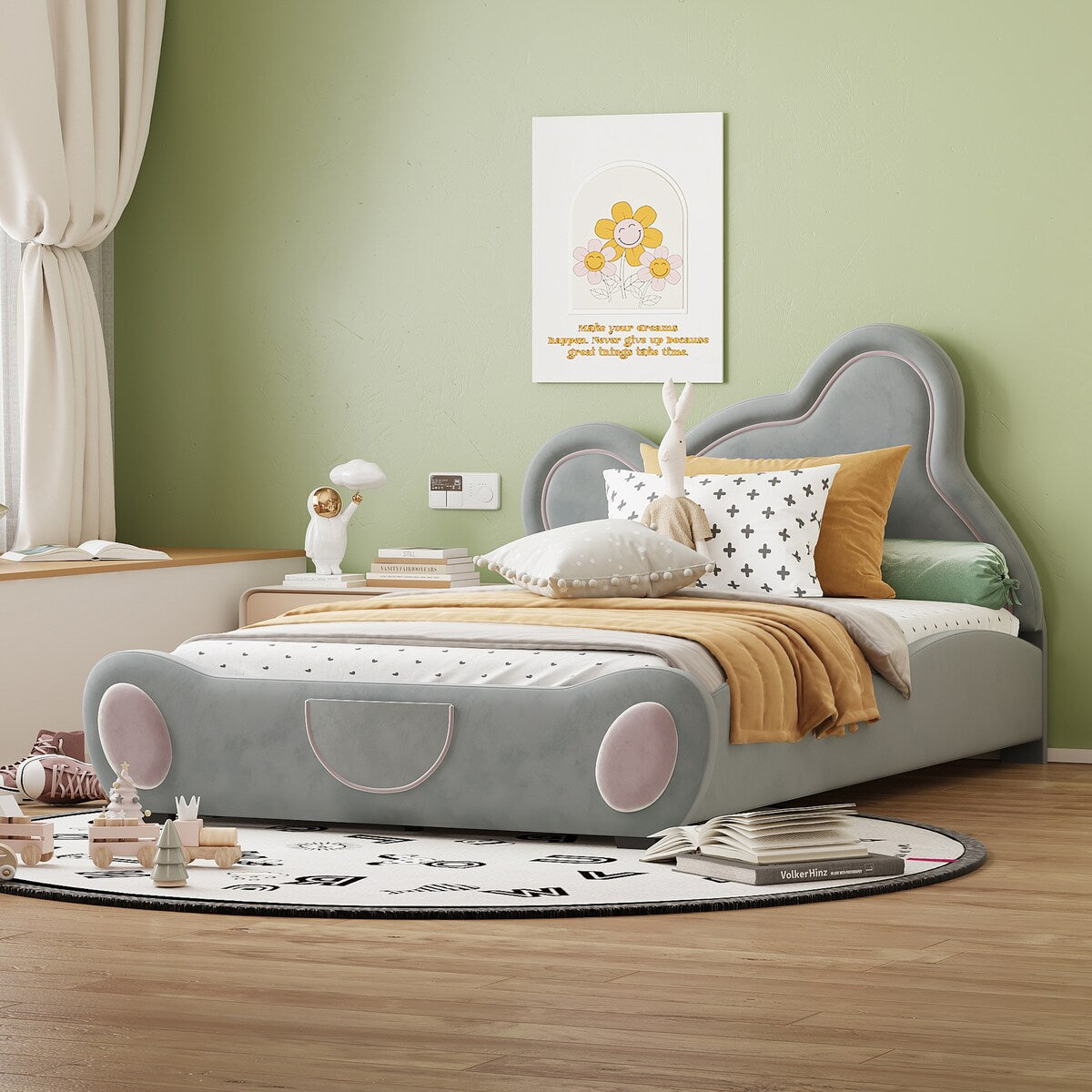 Twin Size Velvet Platform Bed with Bear-Shaped Headboard with Drawers with Bed-End Storage Pocket