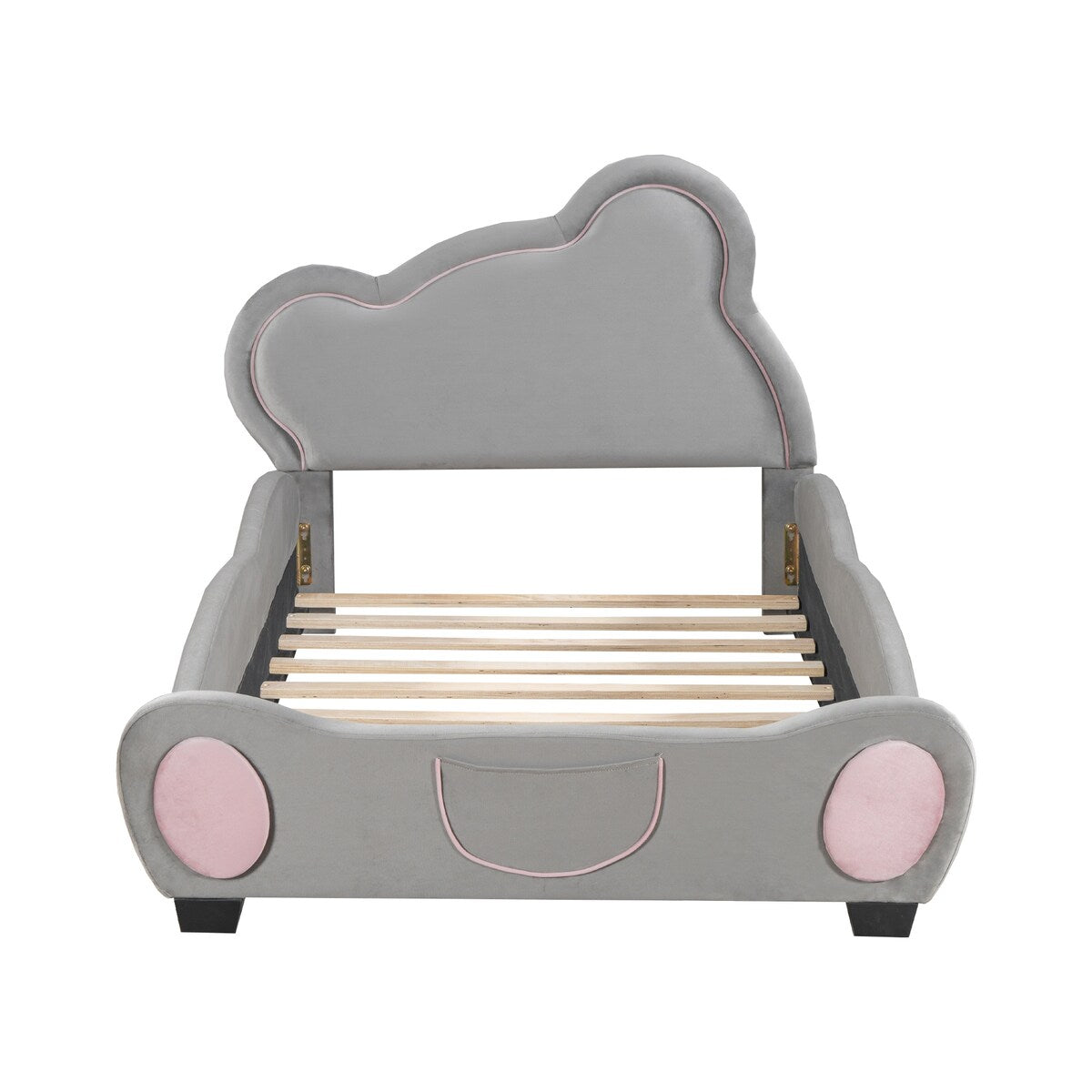 Twin Size Velvet Platform Bed with Bear-Shaped Headboard with Drawers with Bed-End Storage Pocket