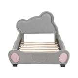 Twin Size Velvet Platform Bed with Bear-Shaped Headboard with Drawers with Bed-End Storage Pocket