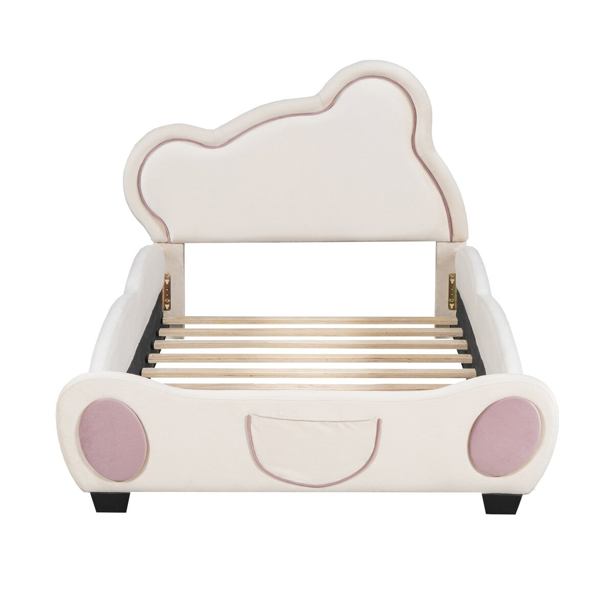 Twin Size Velvet Platform Bed with Bear-Shaped Headboard with Drawers with Bed-End Storage Pocket