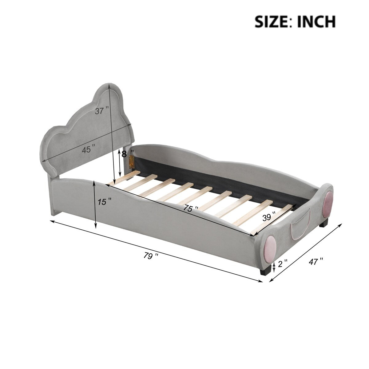 Twin Size Velvet Platform Bed with Bear-Shaped Headboard with Drawers with Bed-End Storage Pocket