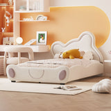 Twin Size Velvet Platform Bed with Bear-Shaped Headboard with Drawers with Bed-End Storage Pocket