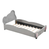 Twin Size Velvet Platform Bed with Bear-Shaped Headboard with Drawers with Bed-End Storage Pocket
