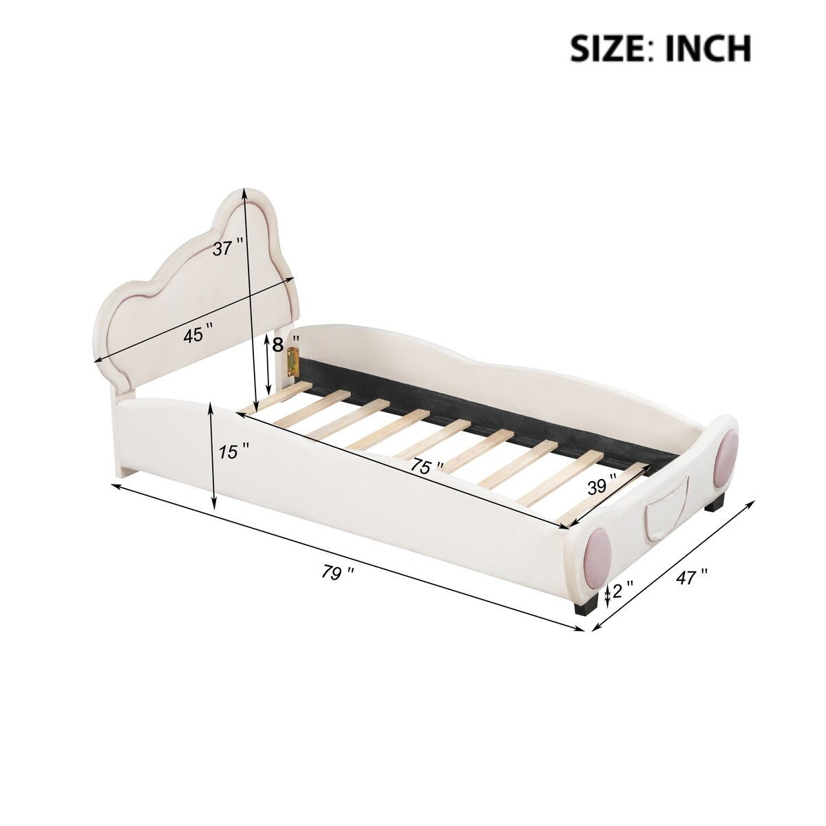 Twin Size Velvet Platform Bed with Bear-Shaped Headboard with Drawers with Bed-End Storage Pocket
