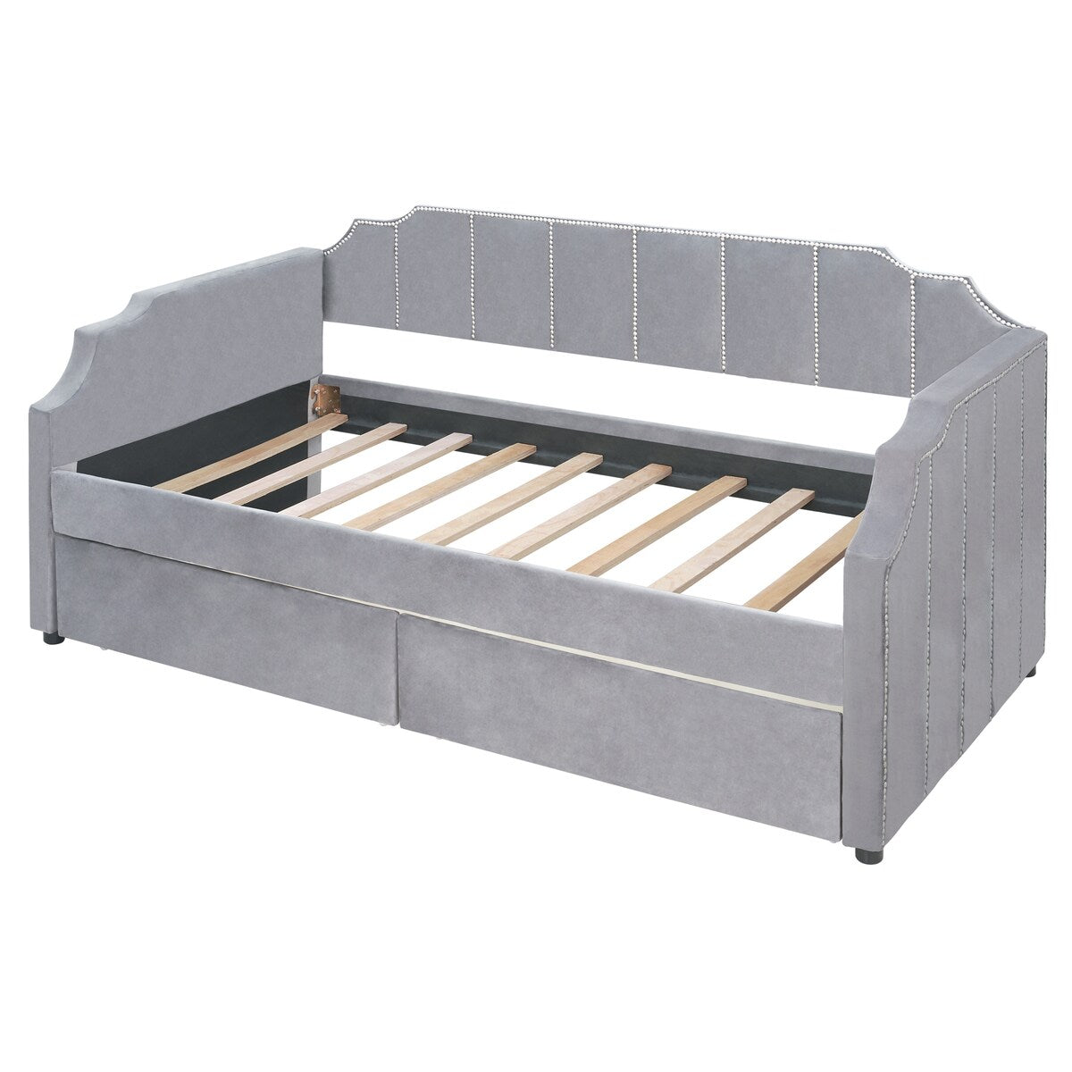 Twin Size Velvet Versatile Sofa Bed Upholstered Daybed with 2 Drawers / Wood Slat Support / Unique Backrest / Rivets Armrests