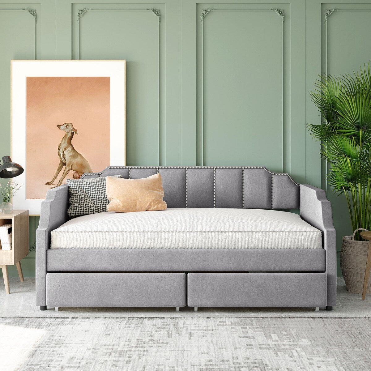 Twin Size Velvet Versatile Sofa Bed Upholstered Daybed with 2 Drawers / Wood Slat Support / Unique Backrest / Rivets Armrests