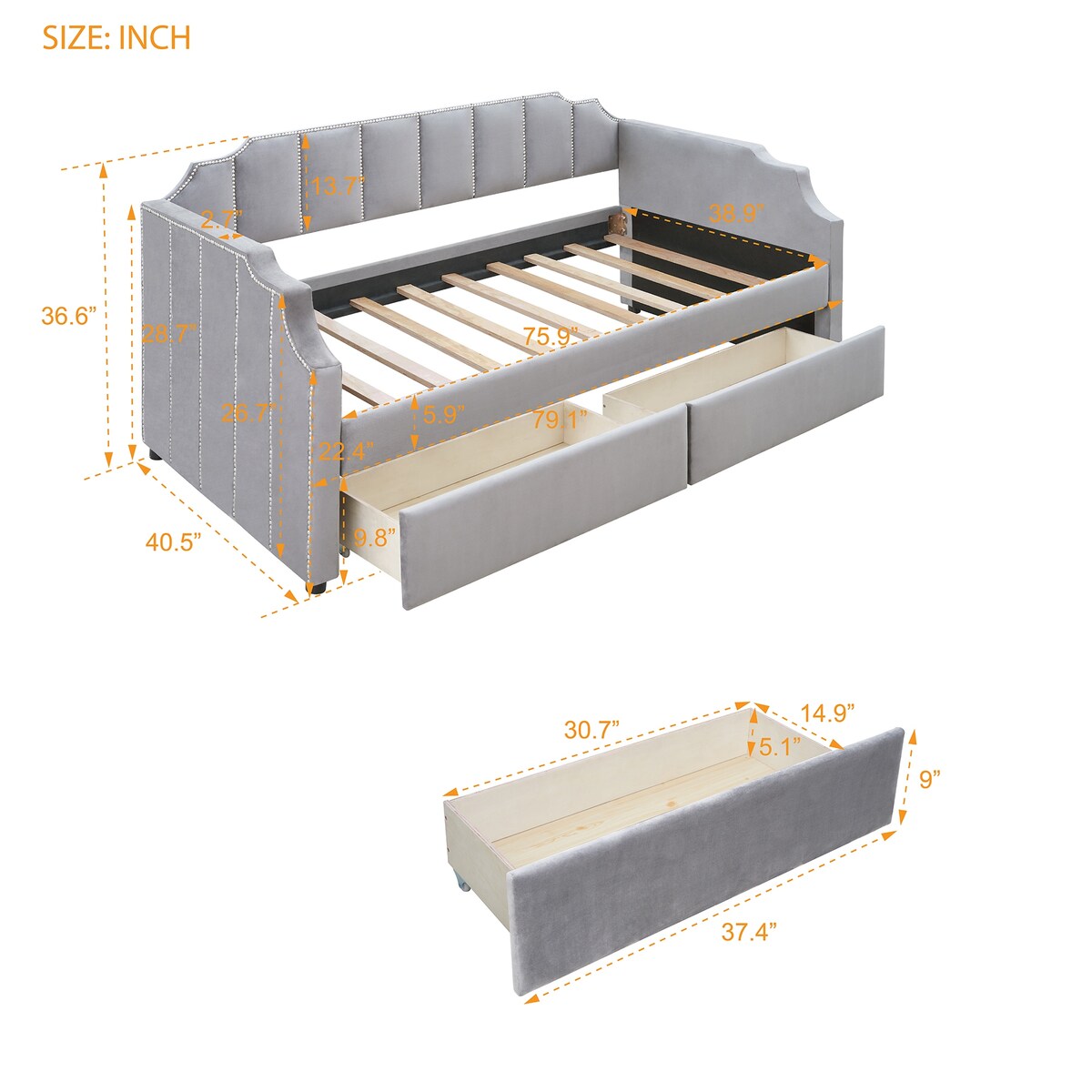 Twin Size Velvet Versatile Sofa Bed Upholstered Daybed with 2 Drawers / Wood Slat Support / Unique Backrest / Rivets Armrests